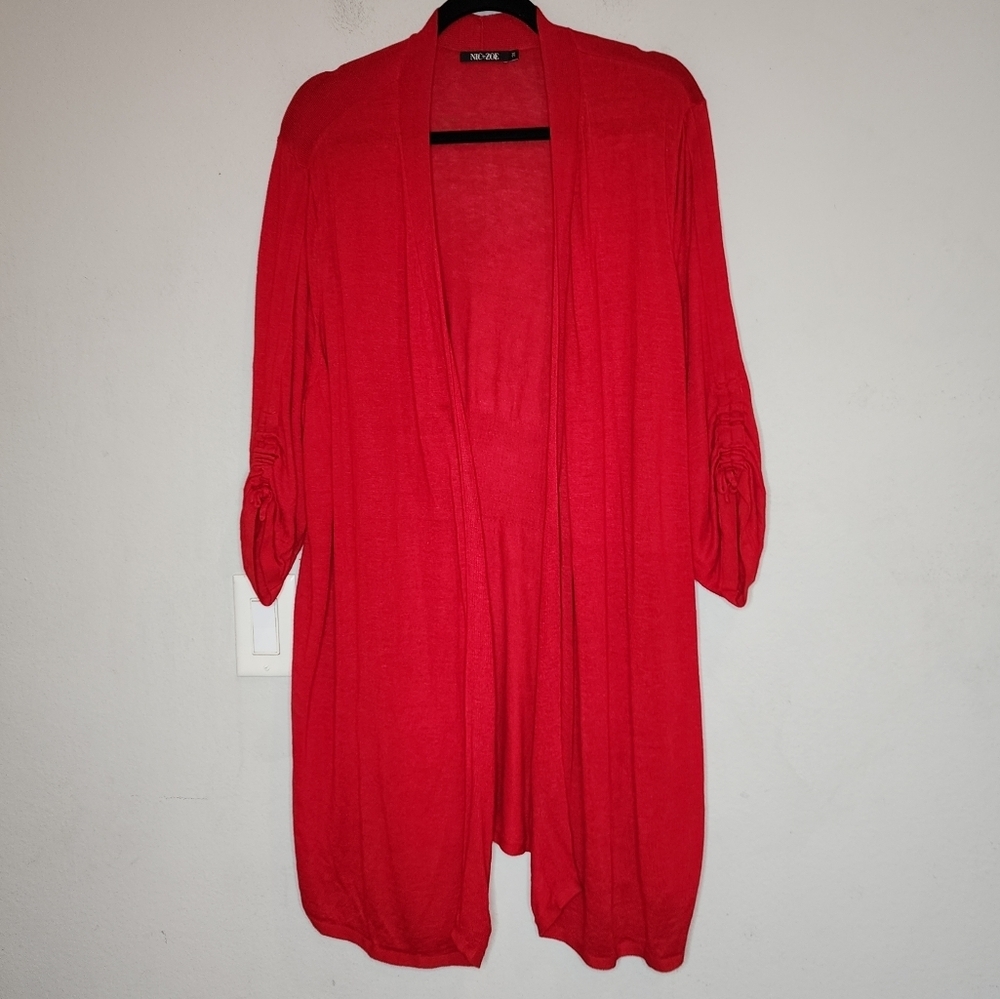 NIC+ZOE Linen Red Open Front Cardigan Long Line Women's Size 2X